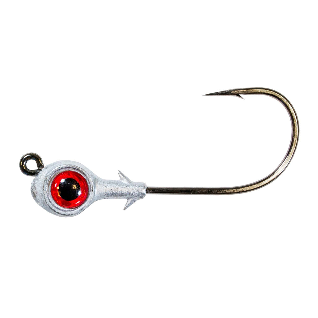 Fishing jighead with red eye, silver head, and single curved hook