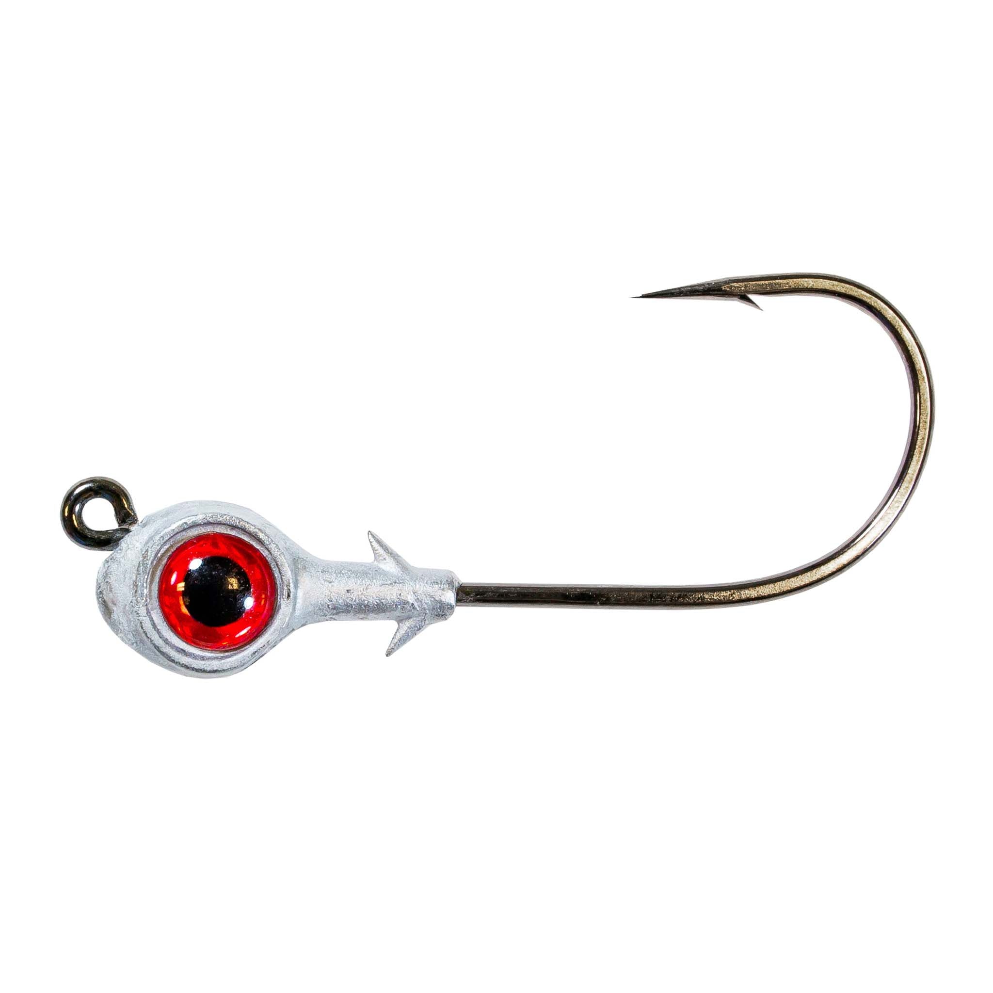 Fishing jighead with red eye, silver head, and single curved hook