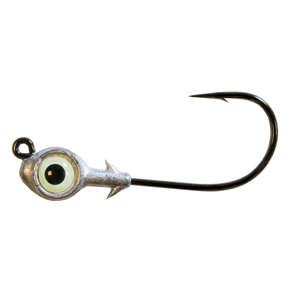 Fishing jighead with gold eye, silver head, and single curved hook