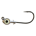 Fishing jighead with gold eye, silver head, and single curved hook