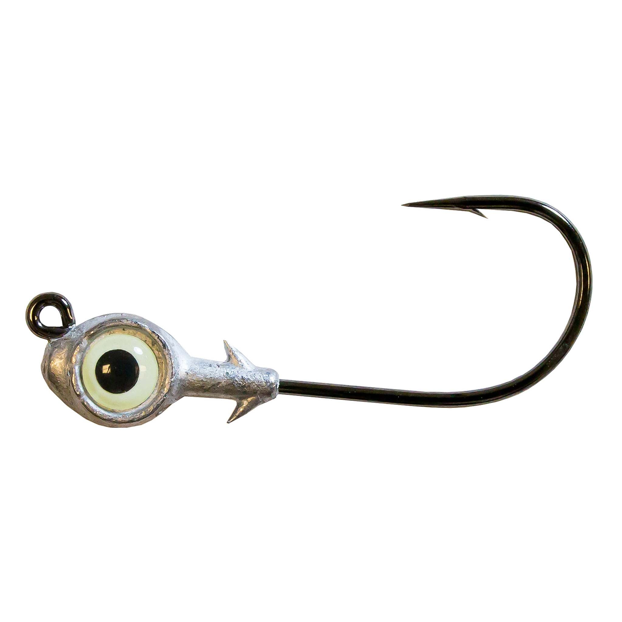 Fishing jighead with gold eye, silver head, and single curved hook