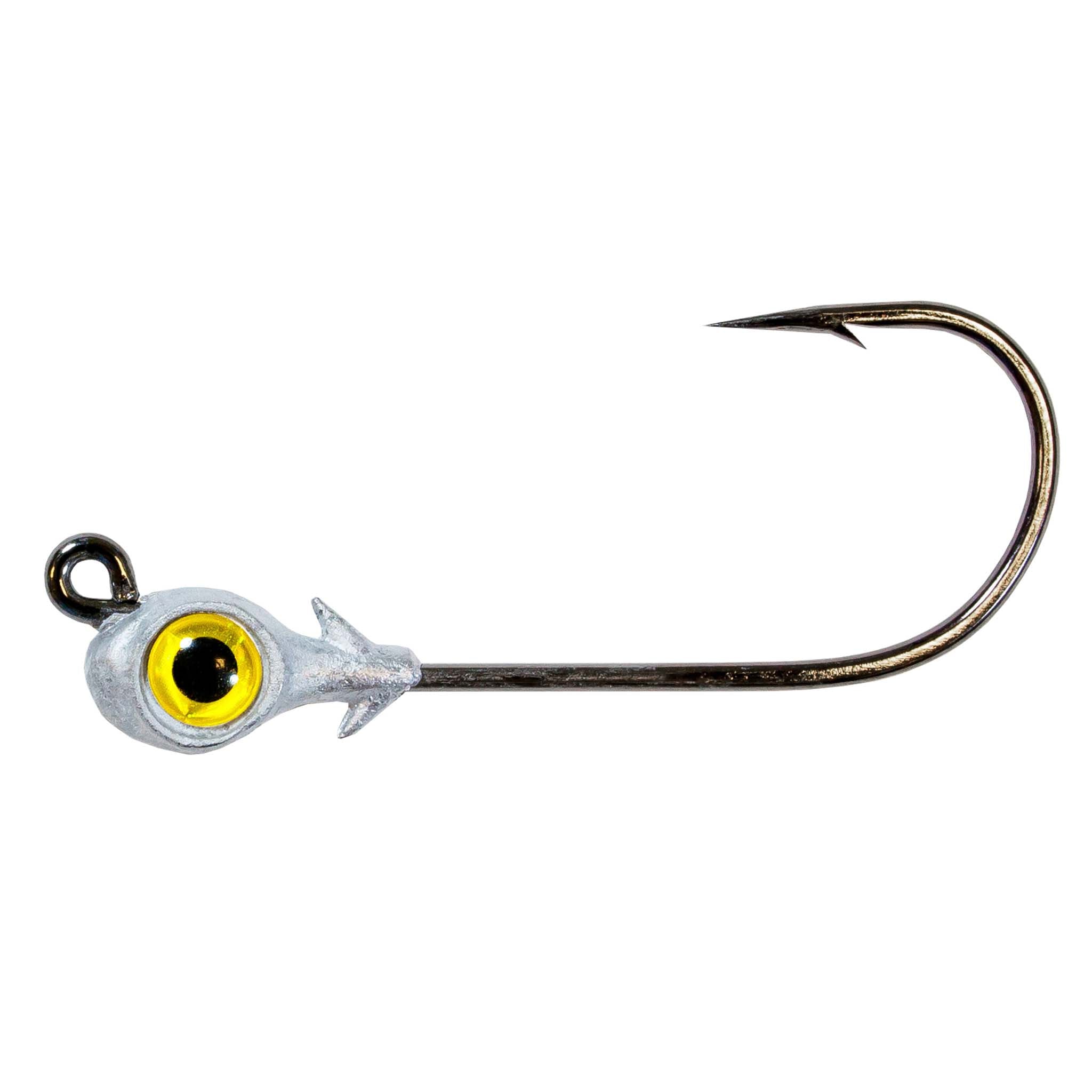 Fishing jighead with yellow eye, silver head, and single curved hook