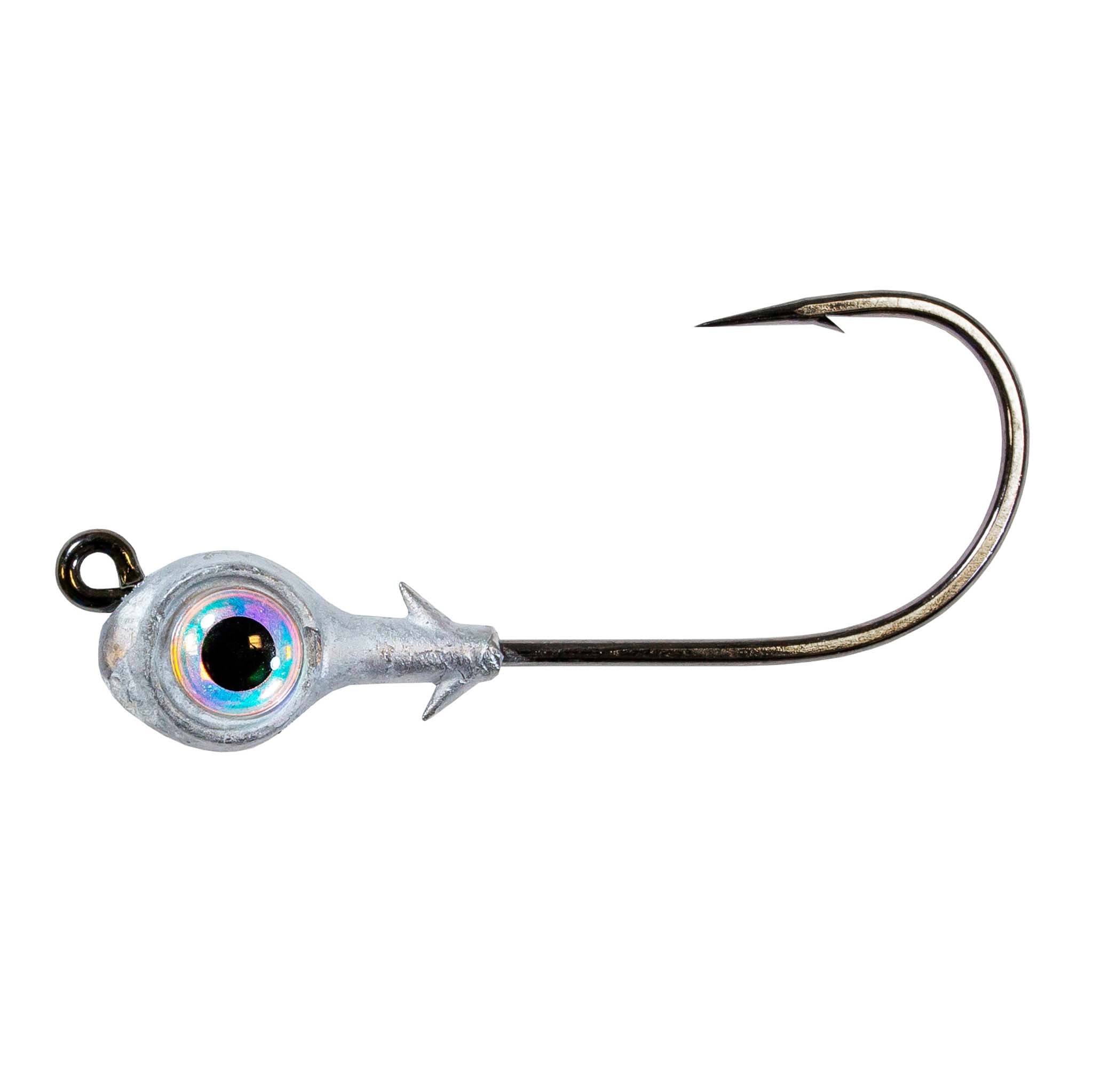 Pearl/iridescent eye jighead with silver skirt and black hook