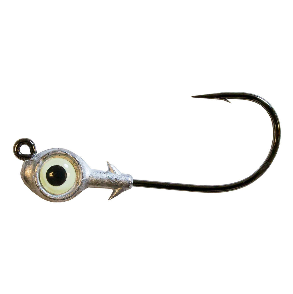 Glow eye jighead with iridescent blue-green eye and silver skirt, black hook