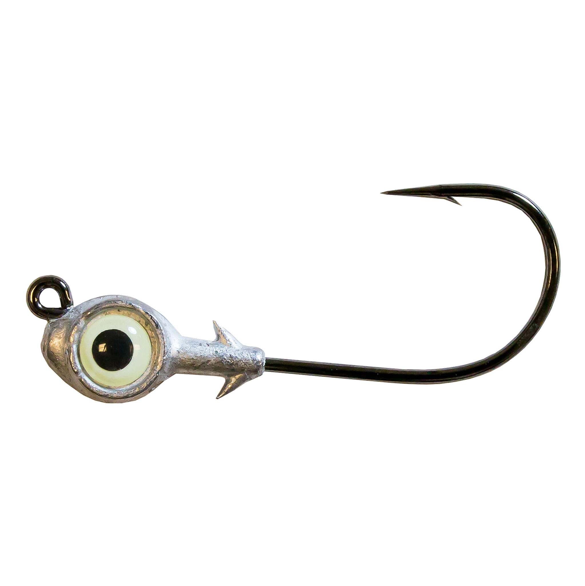 Glow eye jighead with iridescent blue-green eye and silver skirt, black hook