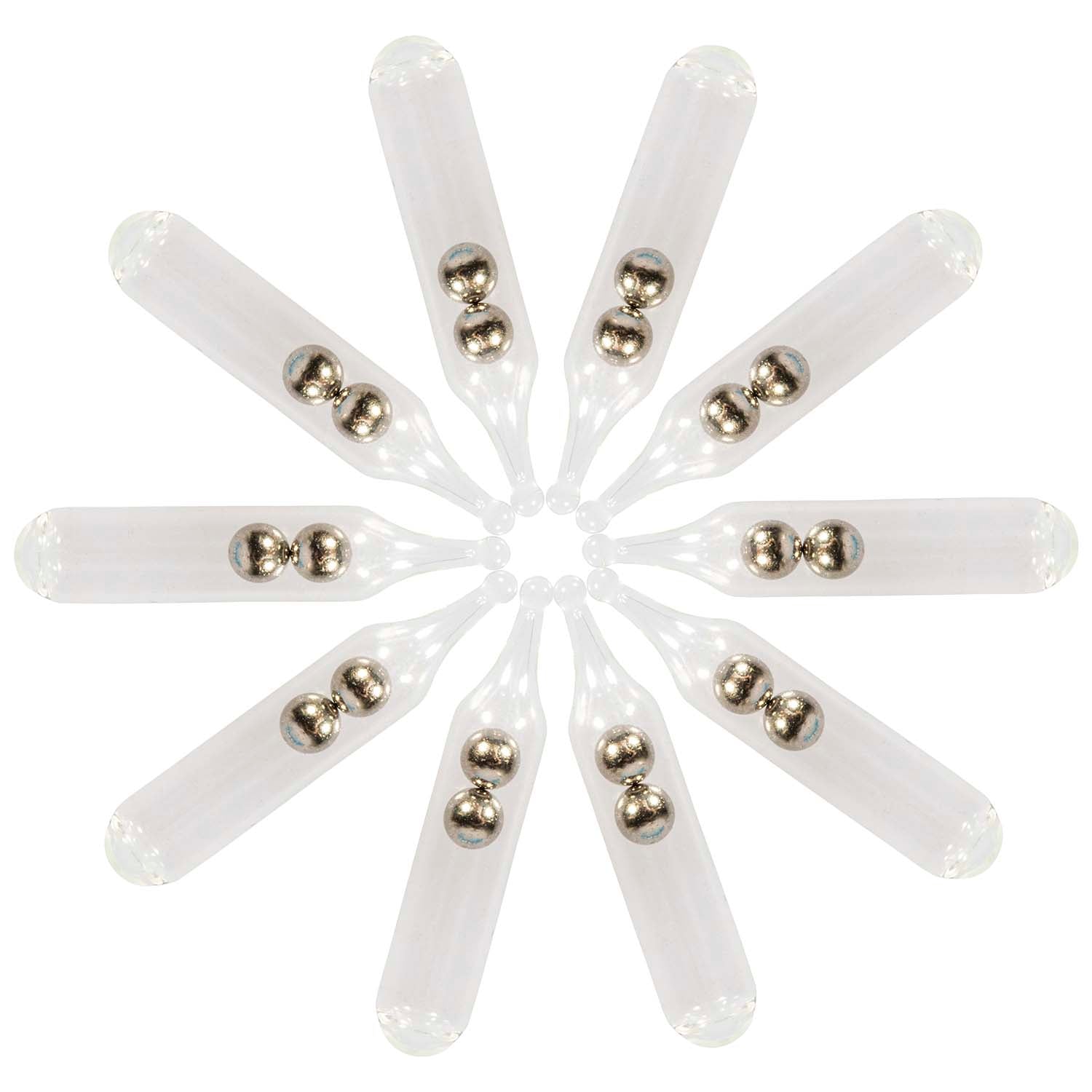 Rattle-Snaker rattle tips with clear tubes and silver bead covers, spread out