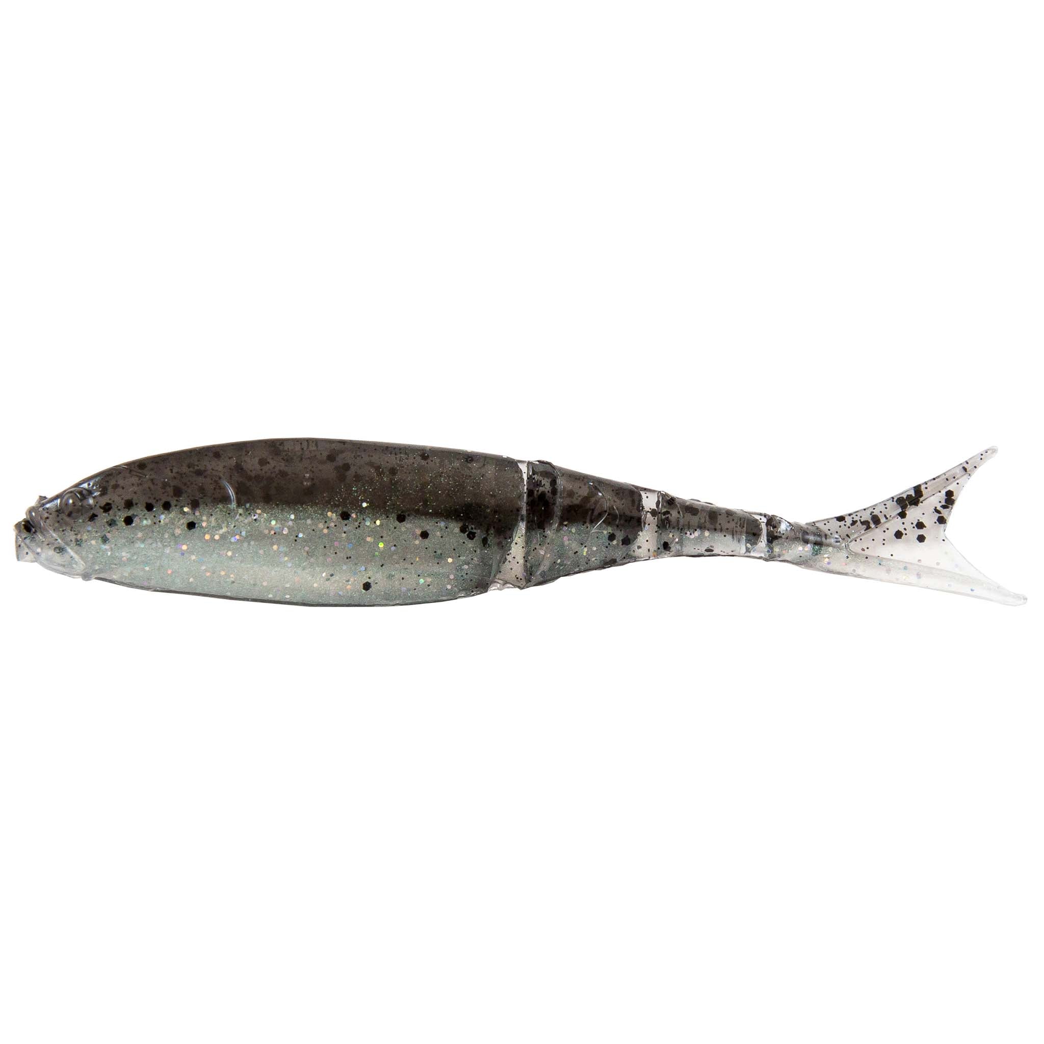 Shad-style fishing lure in dark shad/gray with speckled shimmer and silver tail