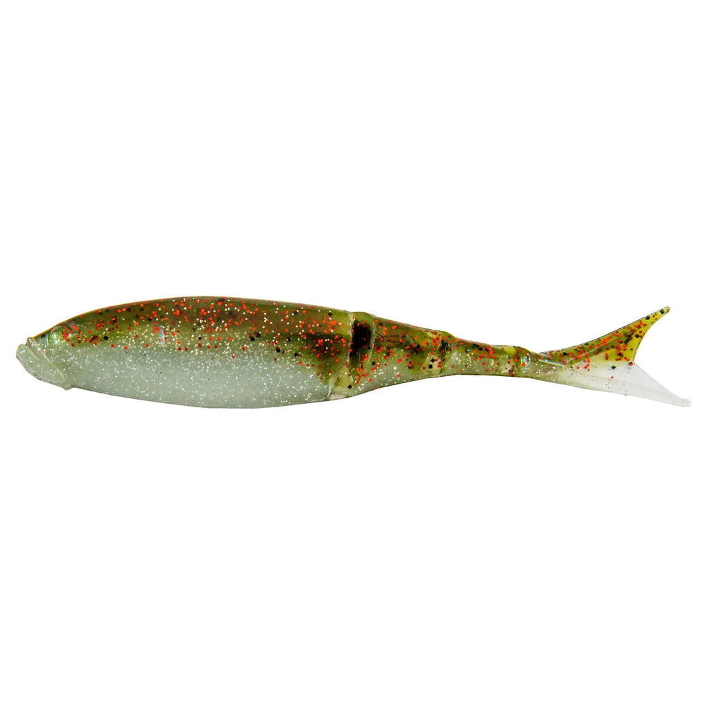 Shad-style fishing lure in green chartreuse with red speckles and light belly tail