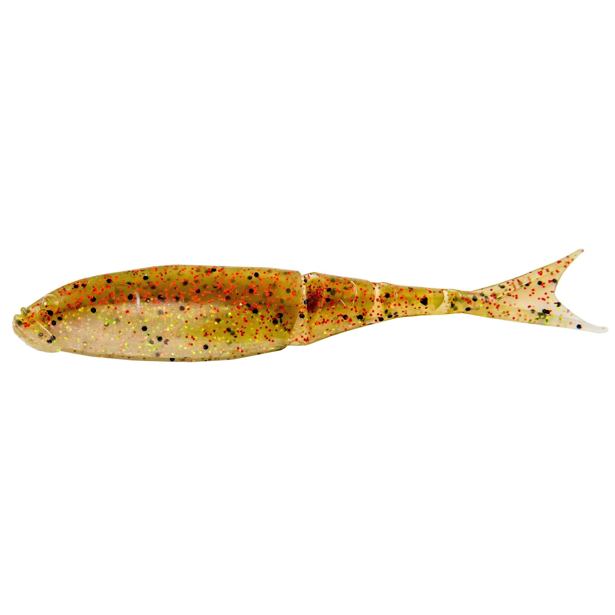 Shad-style fishing lure in orange-gold with dark red and black speckles