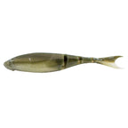 Shad-style fishing lure in olive green with translucent body and white tail tip