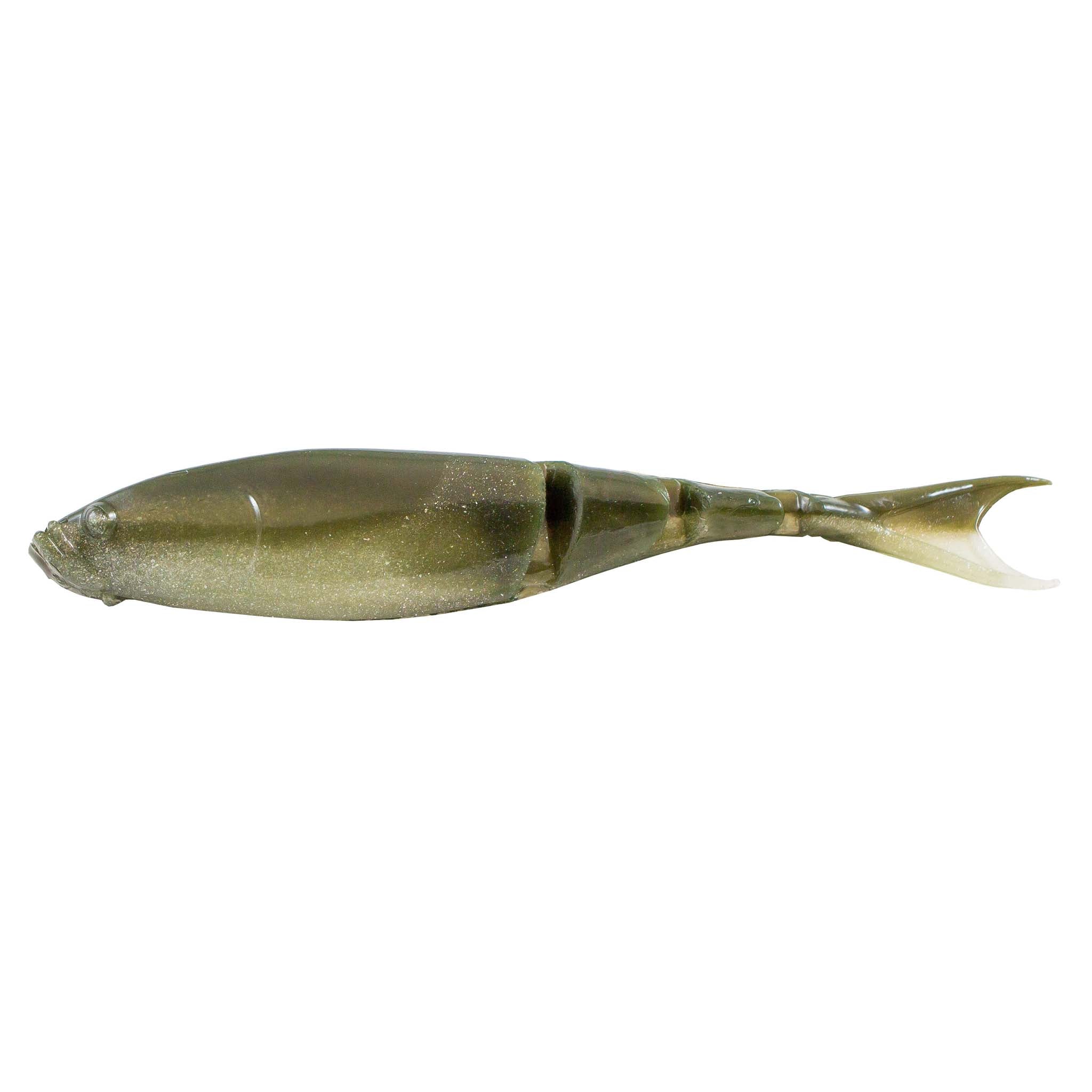 Shad-style fishing lure in olive green with translucent body and white tail tip