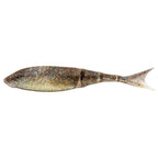 Shad-style fishing lure in brown with gold glitter dots and clear pale tail