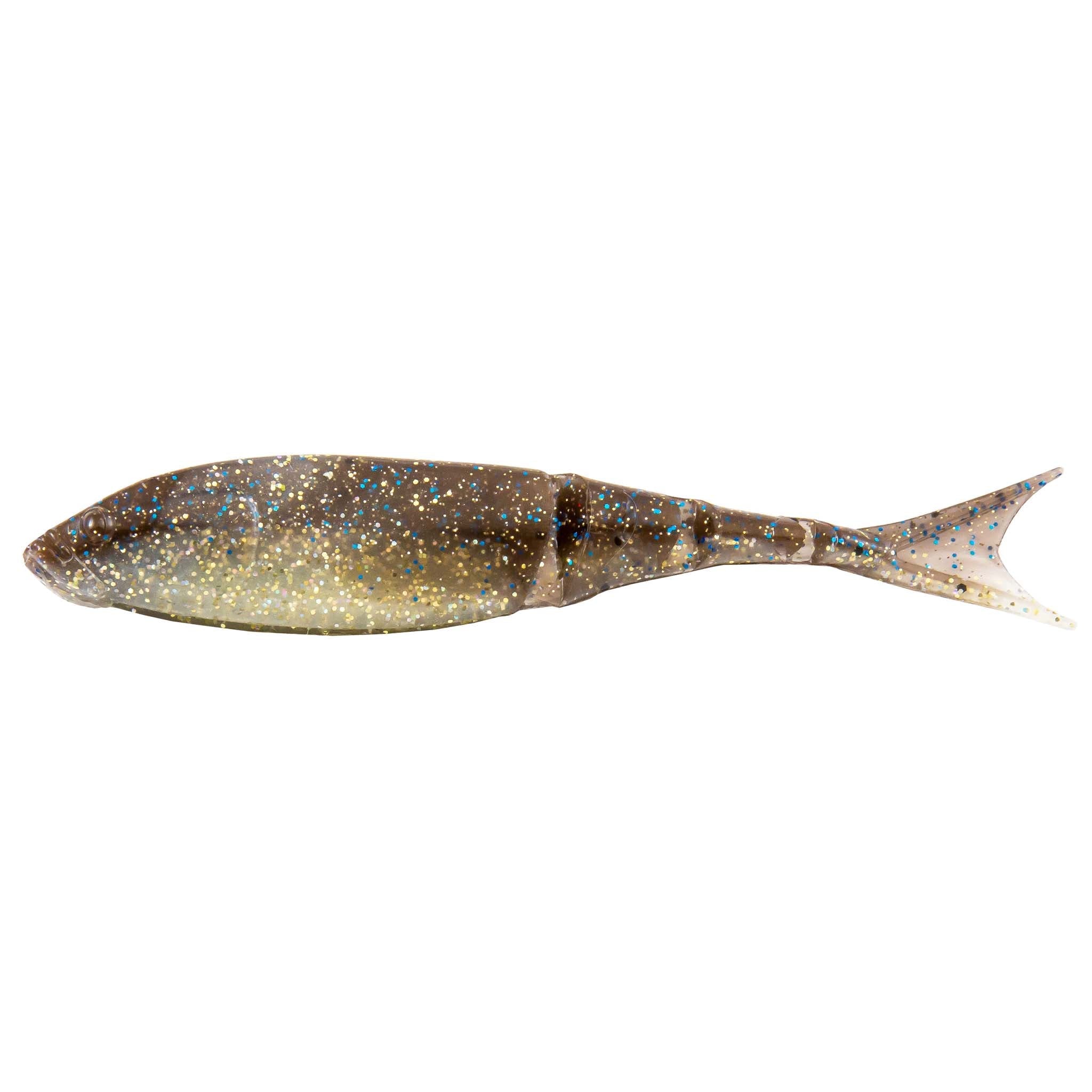 Shad-style fishing lure in brown with gold glitter dots and clear pale tail