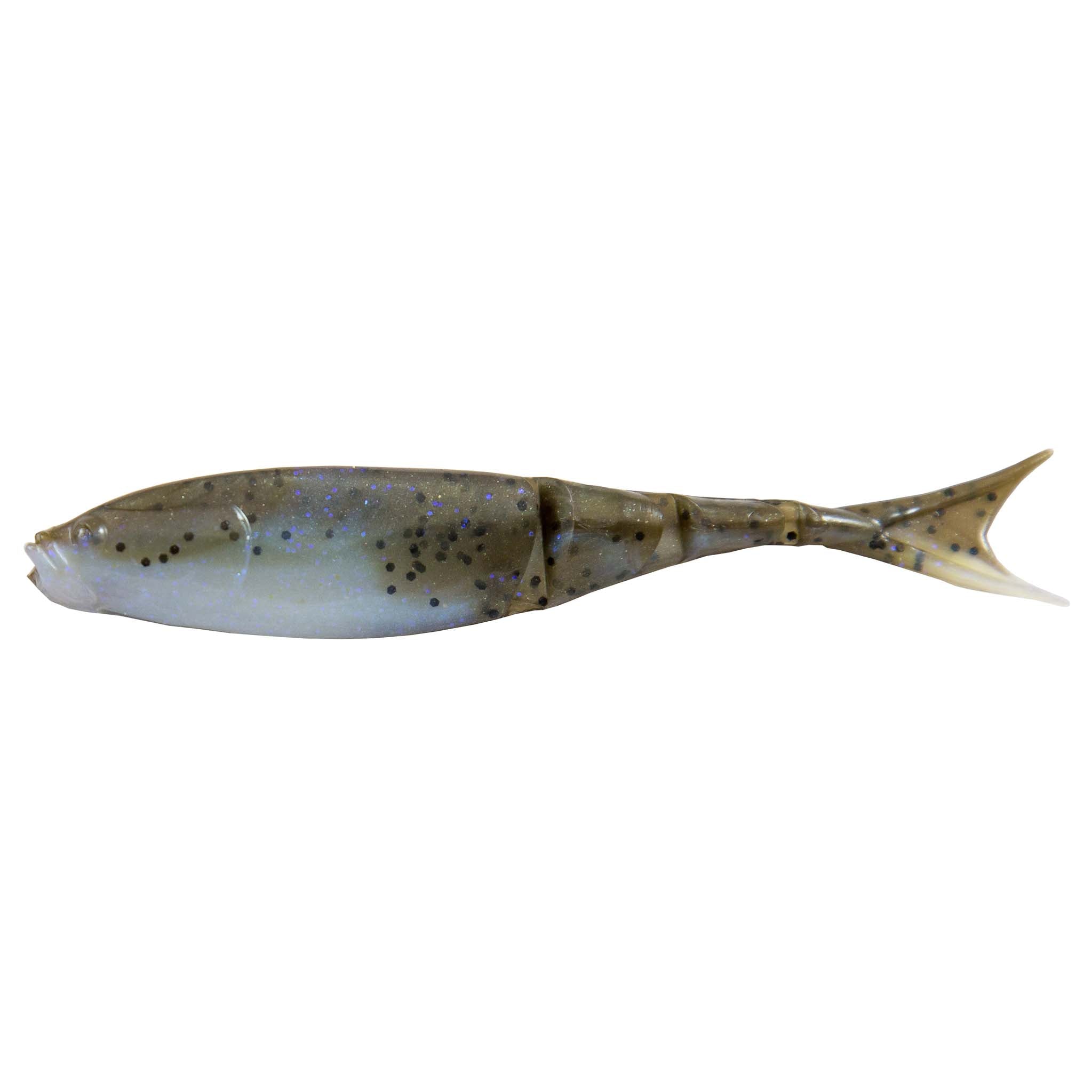 Shad-style fishing lure in blue-gray with dark spots and light speckled sides