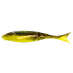 Shad-style fishing lure in bright yellow-green with dark speckles and yellow tail