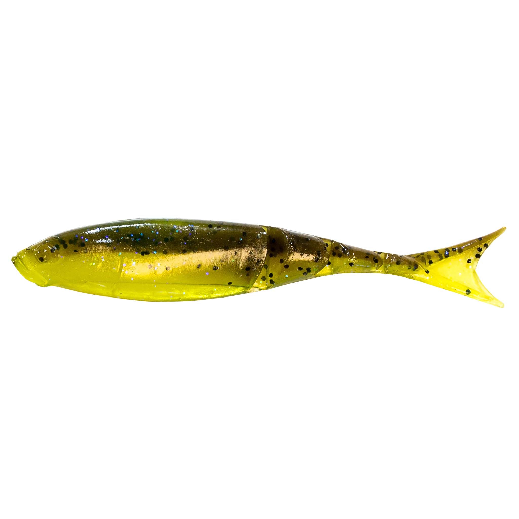 Shad-style fishing lure in bright yellow-green with dark speckles and yellow tail