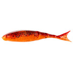 Shad-style fishing lure in orange-red with black speckles and red tail