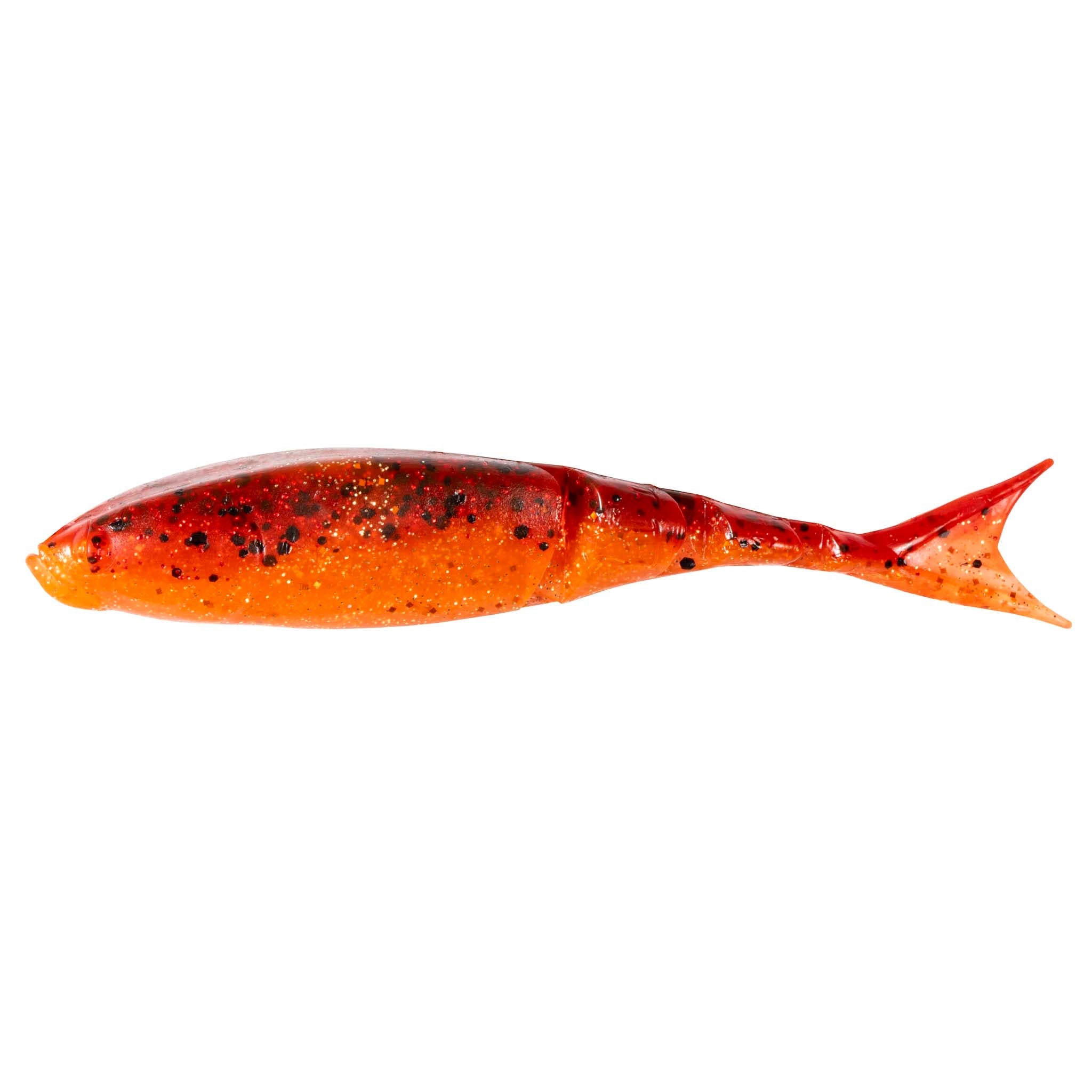 Shad-style fishing lure in orange-red with black speckles and red tail