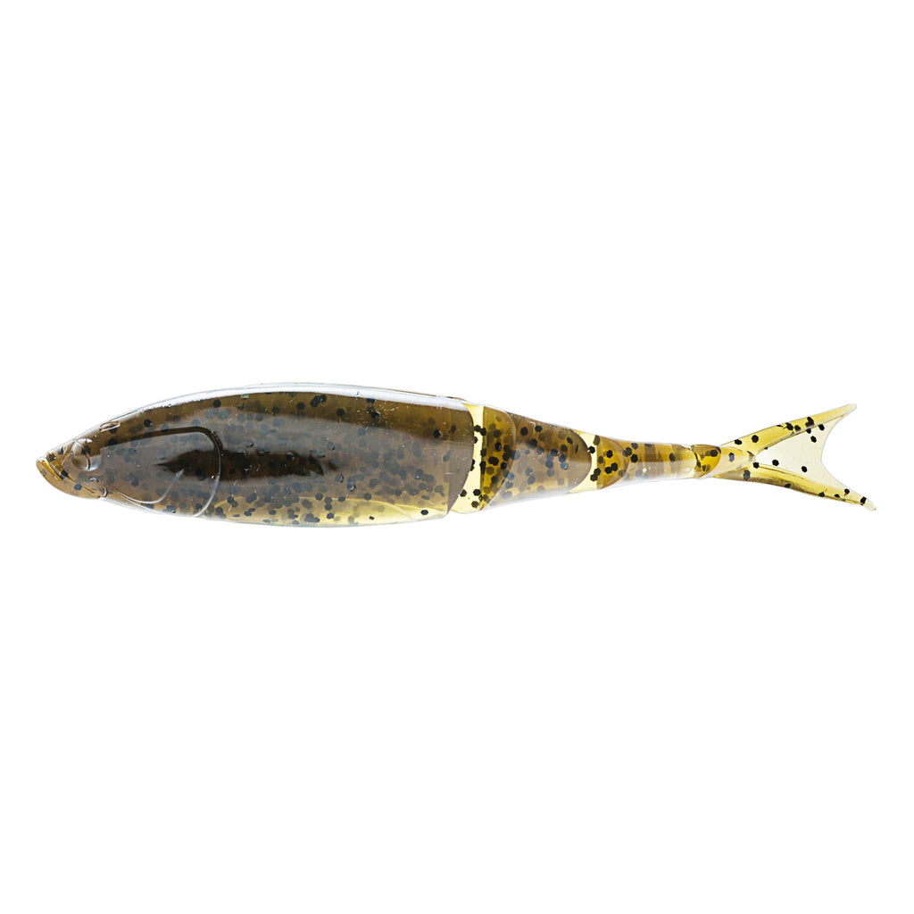 Shad-style fishing lure in blue-gray and yellow with dark banded markings and forked tail
