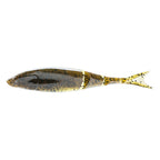Shad-style fishing lure in blue-gray and yellow with dark banded markings and forked tail