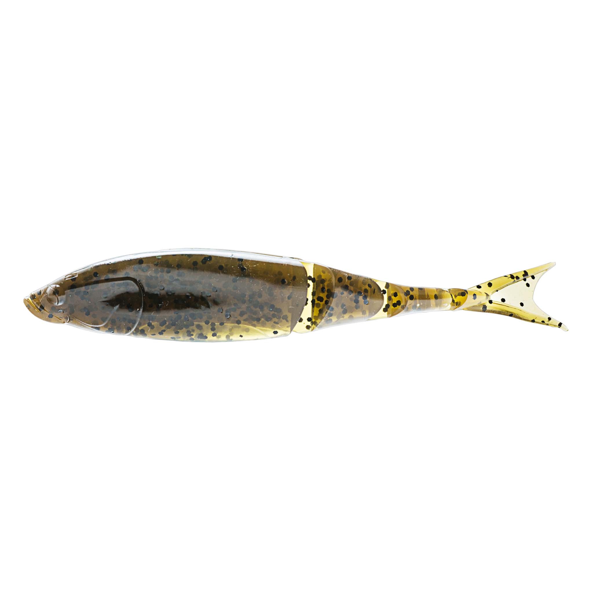 Shad-style fishing lure in blue-gray and yellow with dark banded markings and forked tail