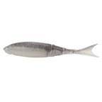 Shad-style fishing lure in light gray with blue speckles and translucent body, white tail