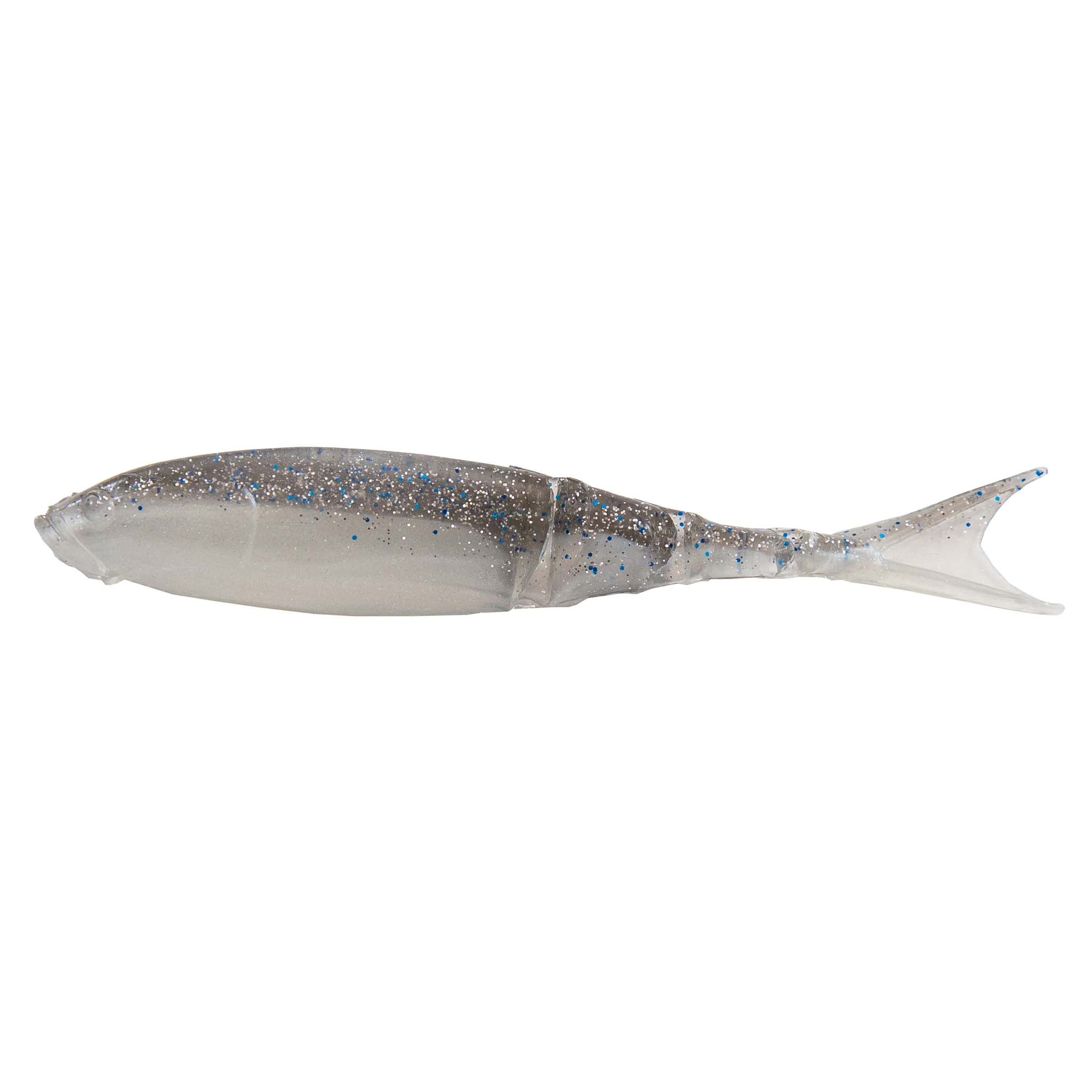 Shad-style fishing lure in light gray with blue speckles and translucent body, white tail