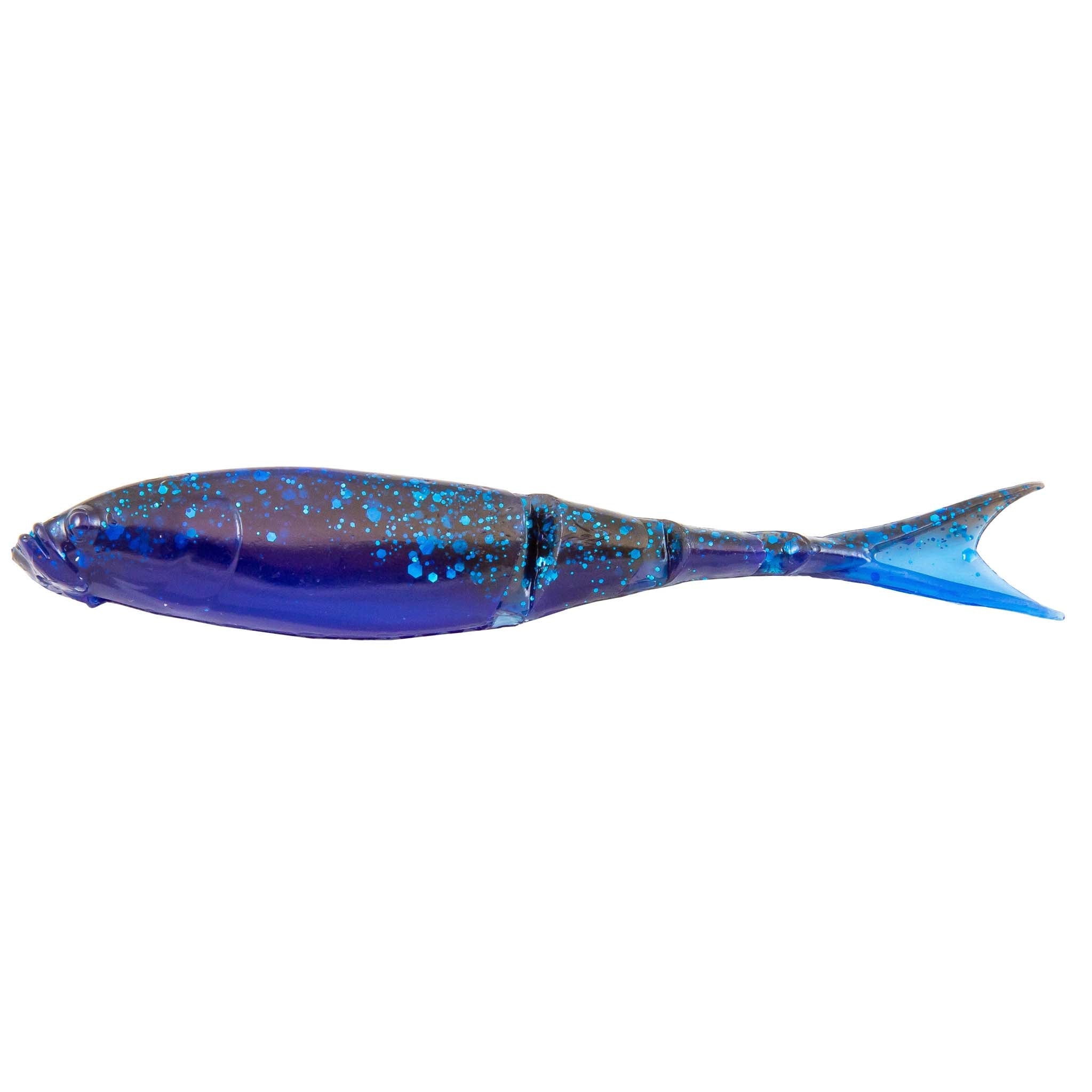 Blue and purple glitter soft plastic fishing lure with slender minnow profile