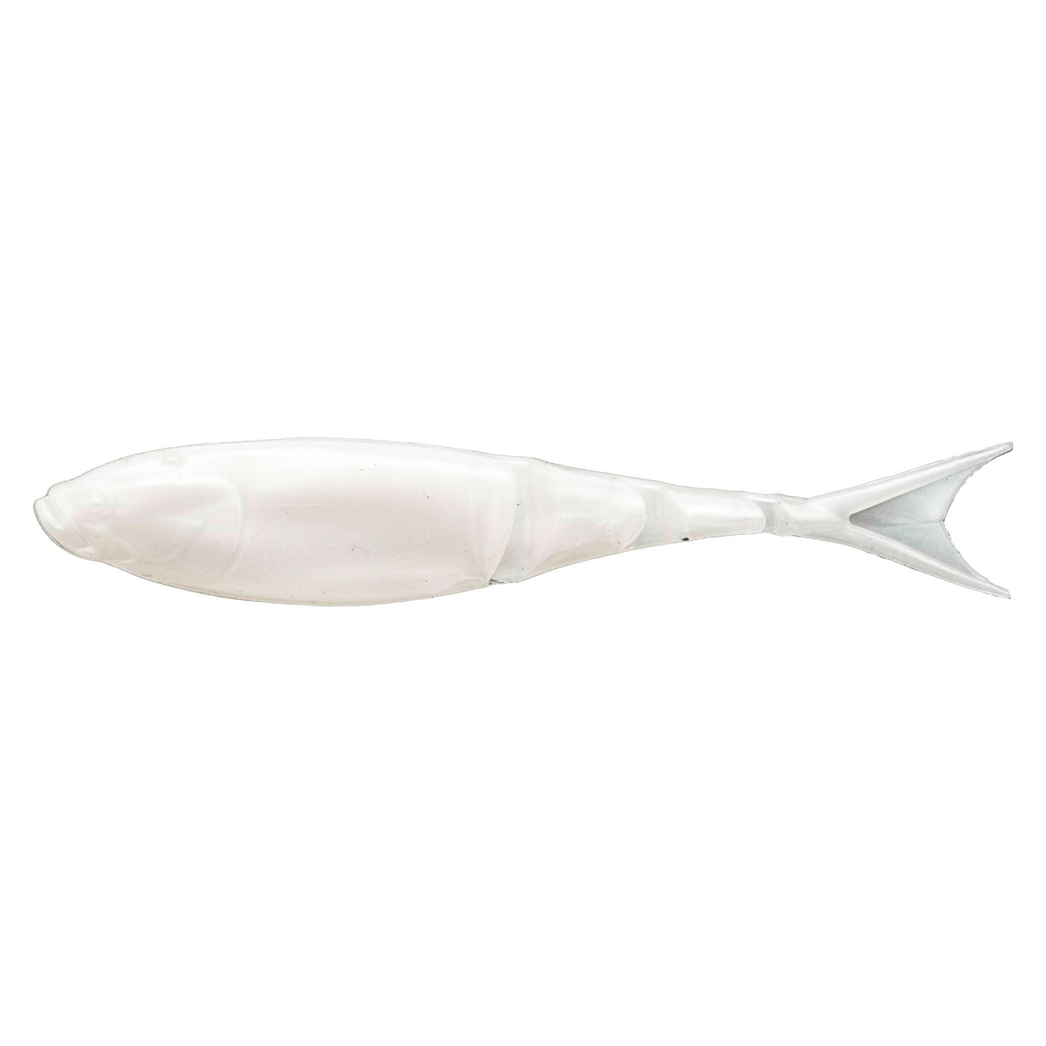 White translucent soft plastic fishing lure with slender minnow profile and fork tail