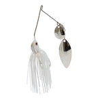 Fishing lure spinner with white skirt, chrome oval blade, and silver hook hardware.