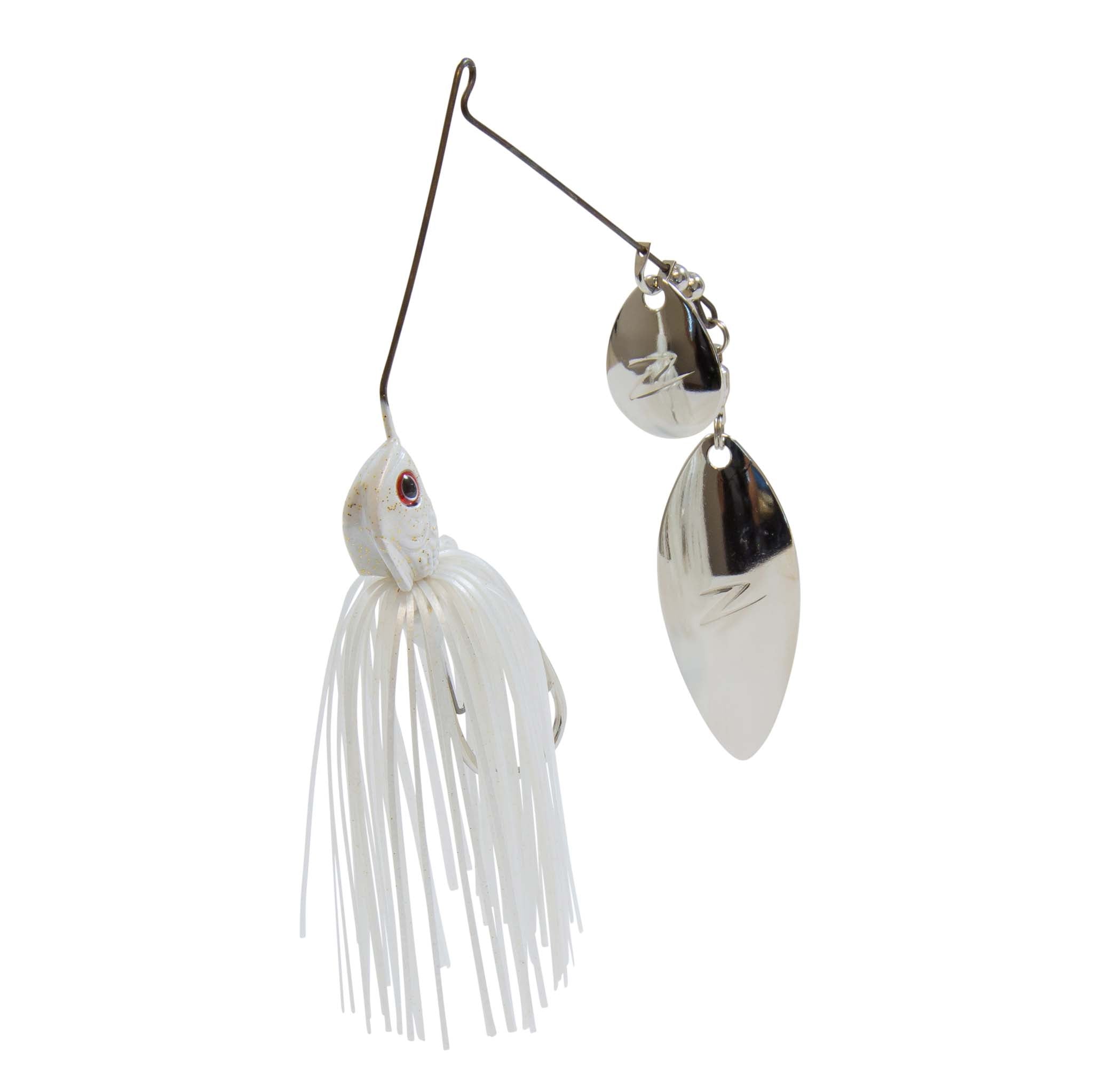 Fishing lure spinner with white skirt, chrome oval blade, and silver hook hardware.