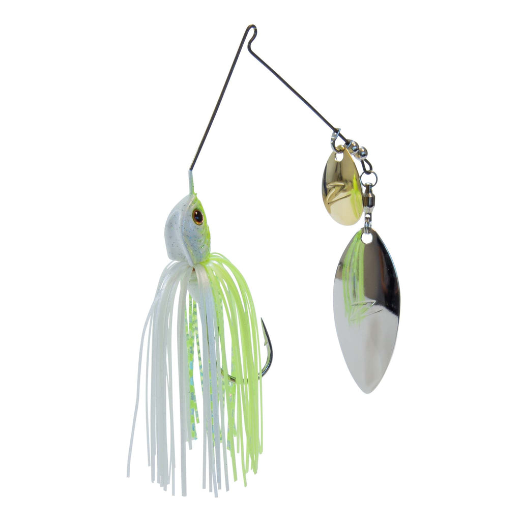 Fishing lure spinner with chartreuse skirt, green-tinted head, and two gleaming blades.