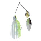 Fishing lure spinner with chartreuse skirt, green-tinted head, and two gleaming blades.
