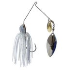 Fishing lure spinner with white glitter skirt and gold-silver oval blades.