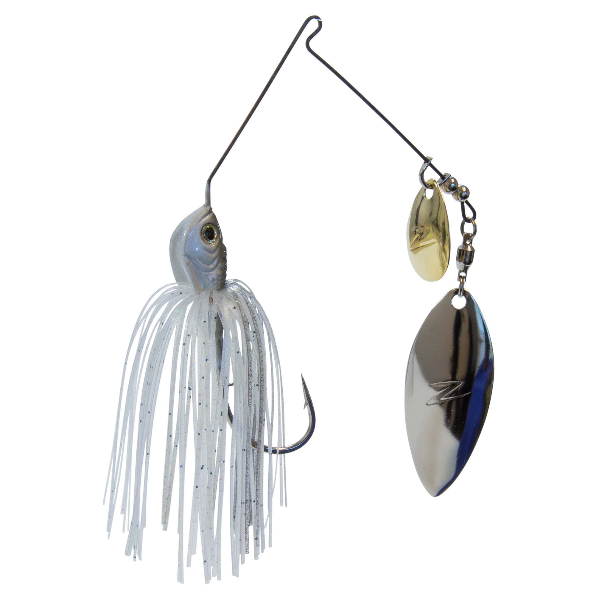 Fishing lure spinner with white glitter skirt and gold-silver oval blades.
