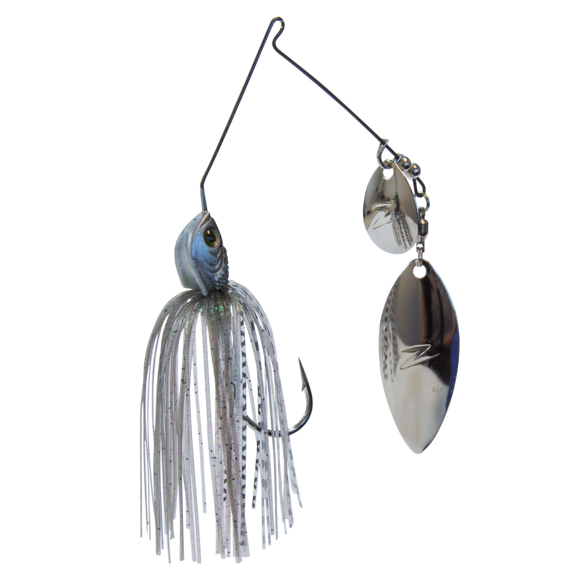 Fishing lure spinner with shimmering white skirt and chrome oval blade with dark finish.