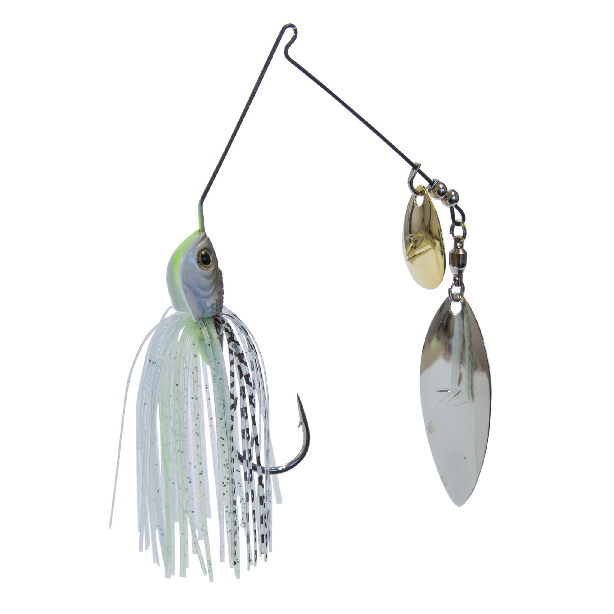 Fishing lure spinner with translucent white-and-green skirt and two reflective oval blades.