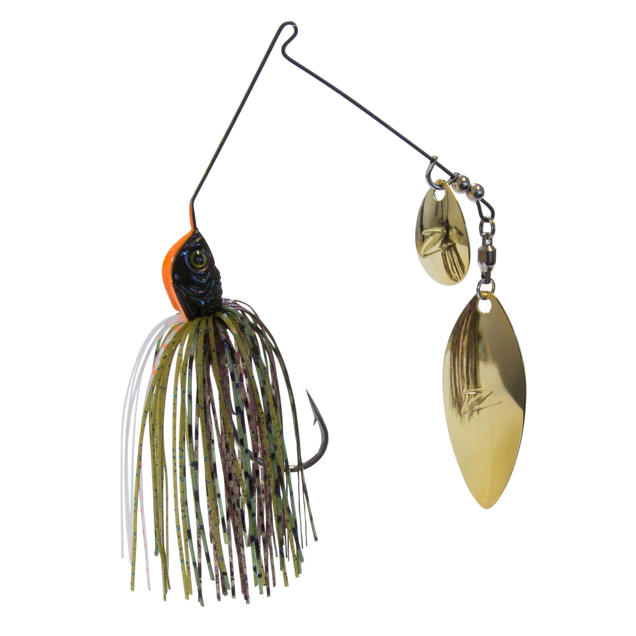 Fishing lure spinner with multicolor skirt, orange head, and gold oval blades.