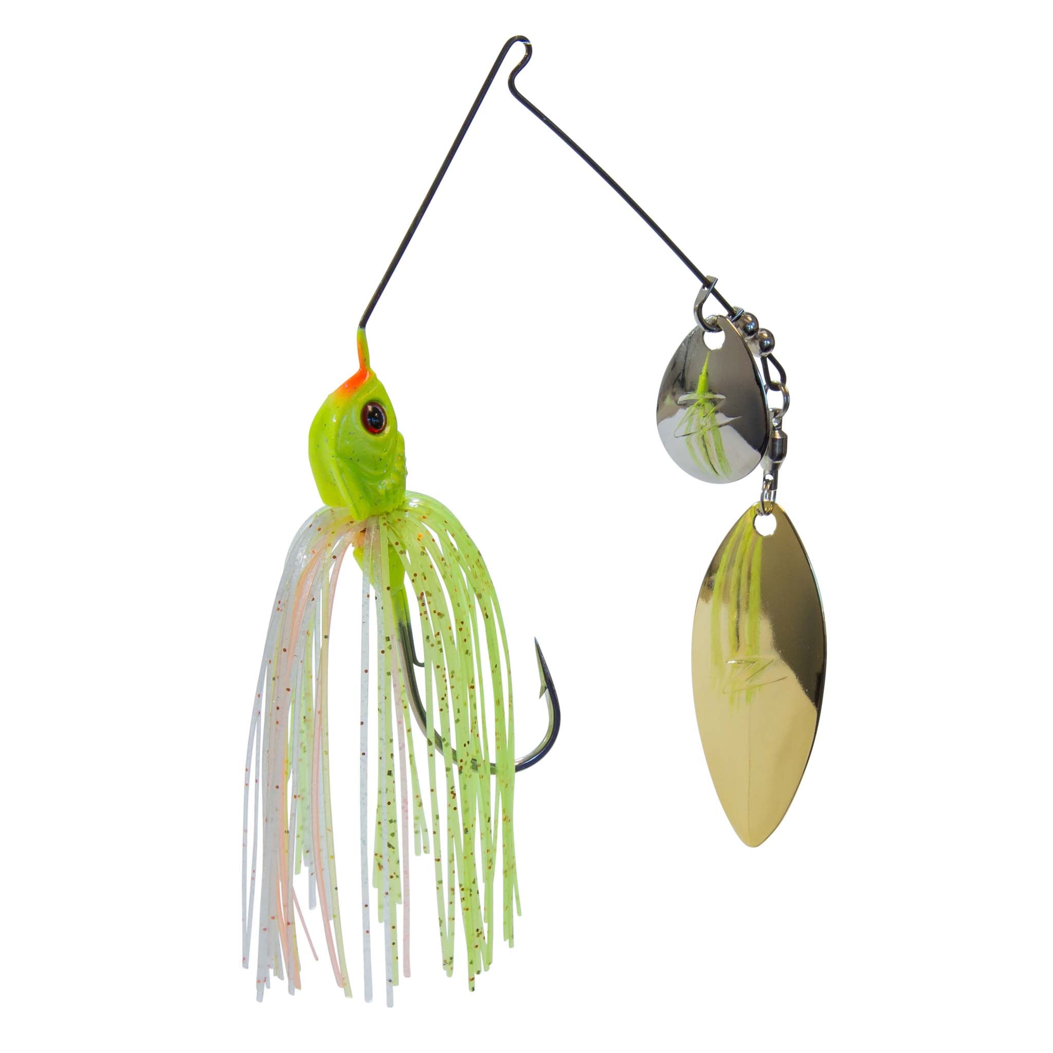 Fishing lure spinner with bright chartreuse skirt and green accents, plus gold oval blade.