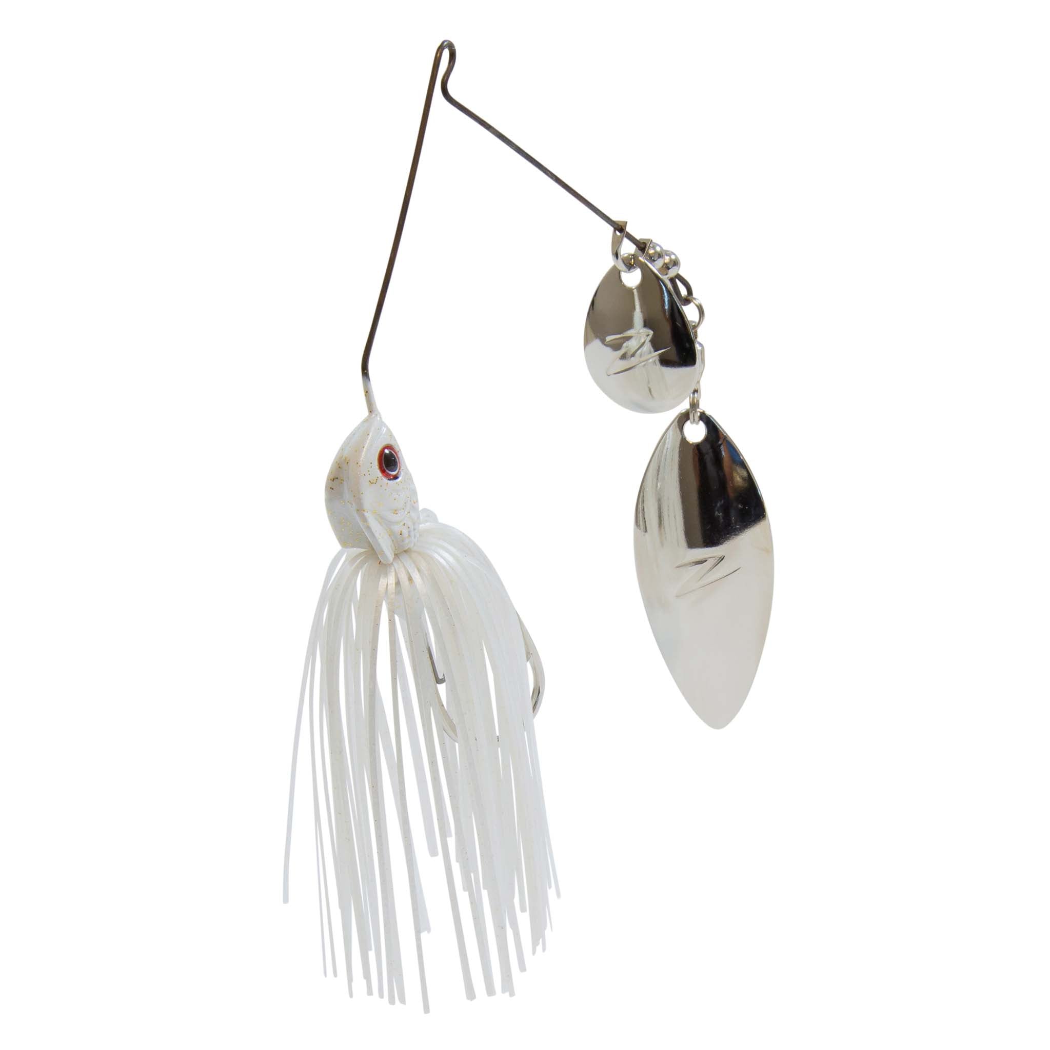 Fishing lure spinner with pearl-white skirt, silver willow blades, and black-tinted detail.