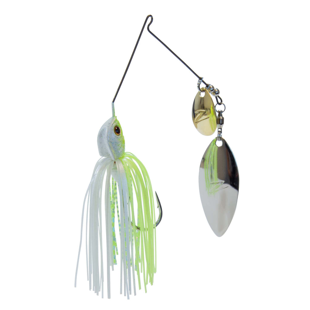 Fishing lure spinner with white-and-chartreuse skirt, green head, and reflective twin blades.