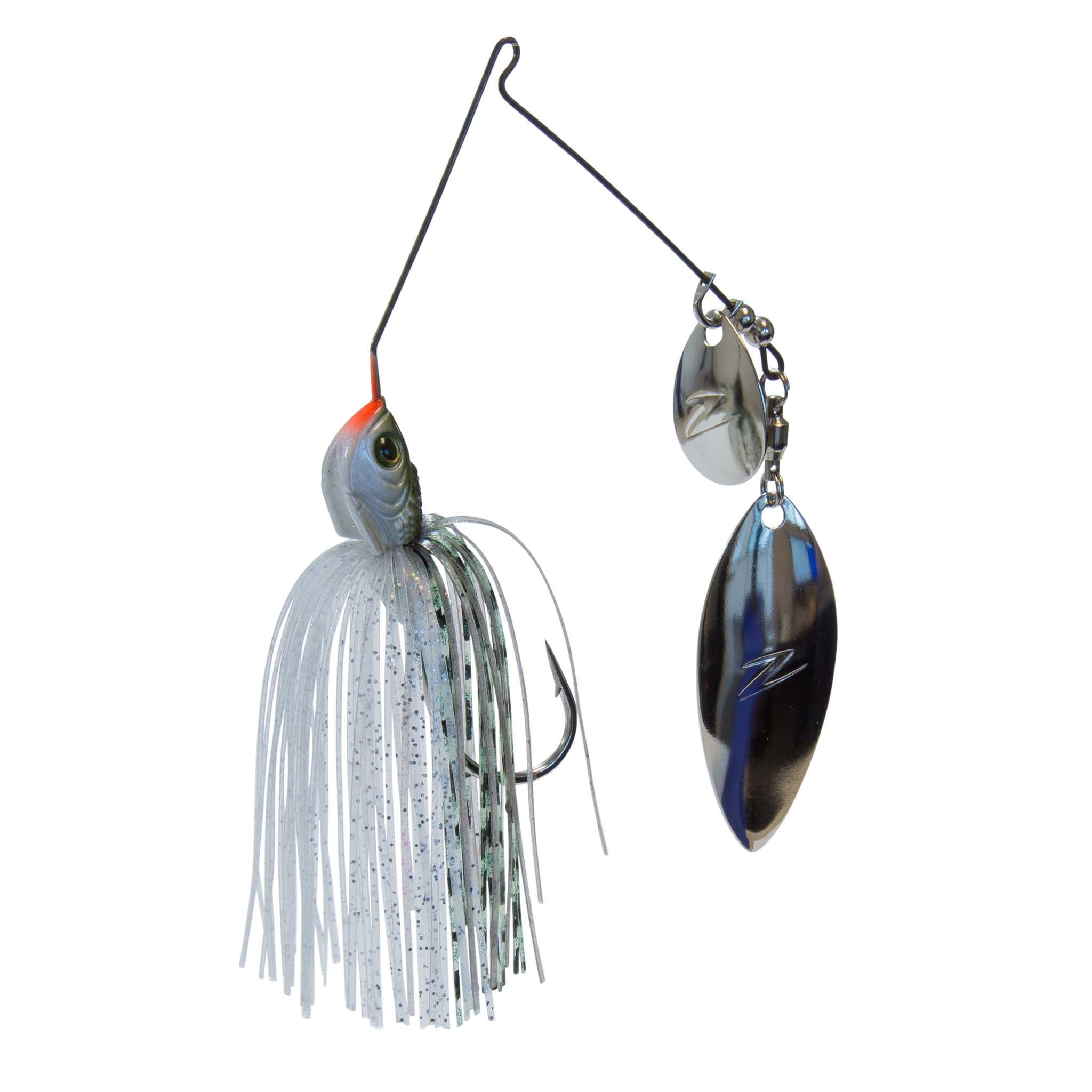 Fishing lure with white skirt, green eye, and dual willow blades in dark blue and silver.