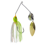 Fishing lure with lime-green skirt and dual willow blades in gold and silver.