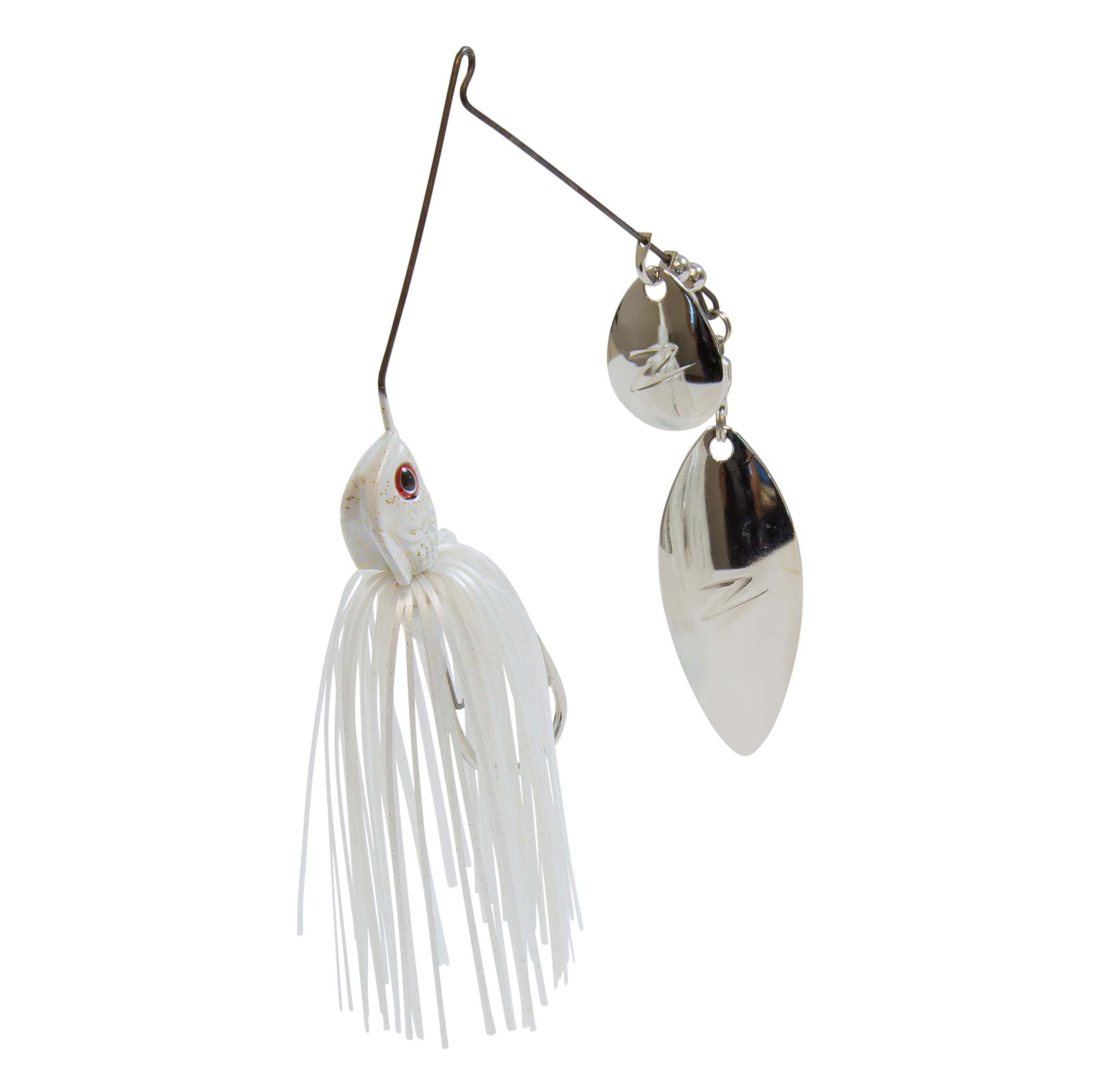 Fishing lure with white skirt and dual silver willow blades.