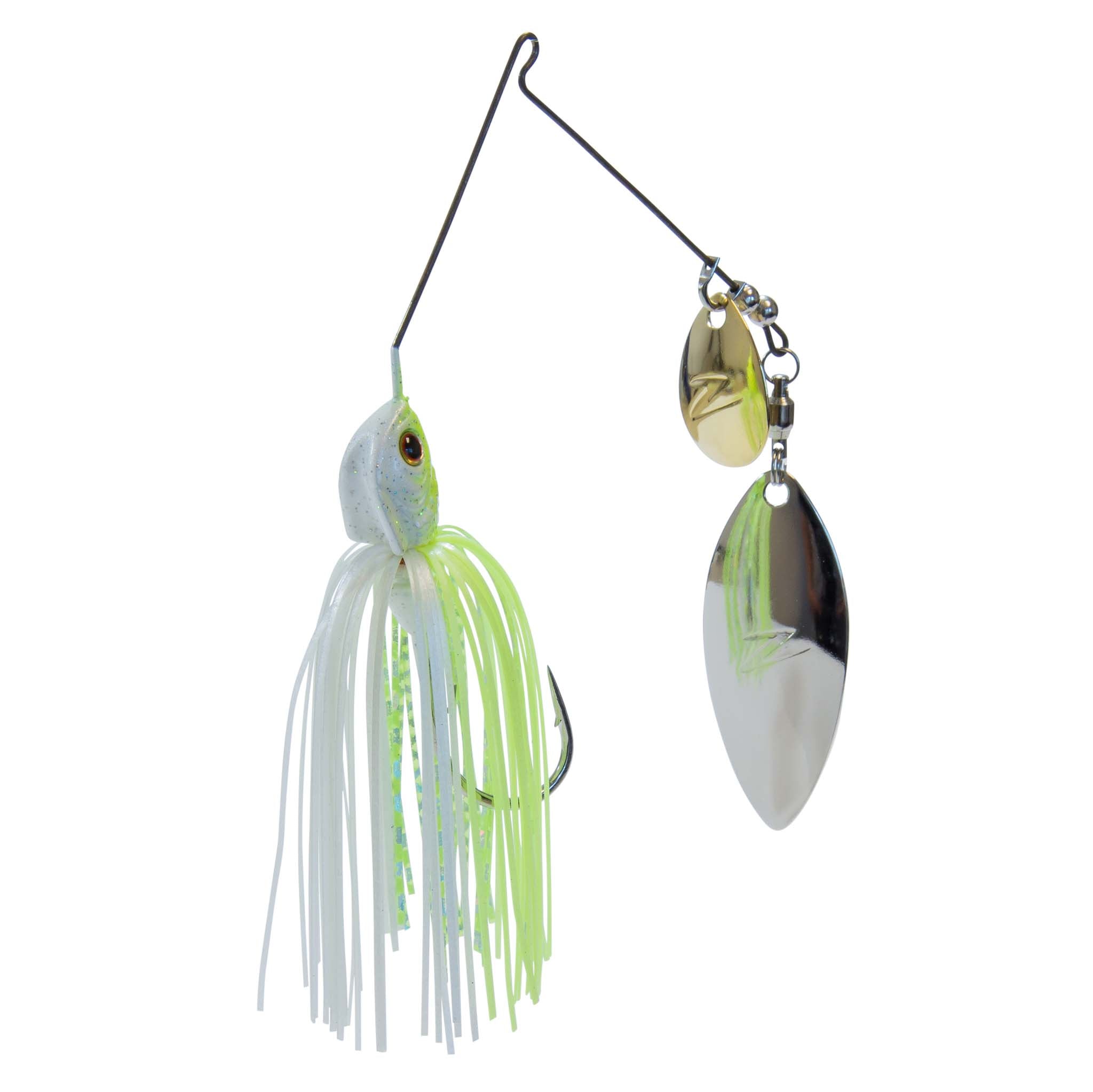Fishing lure with white-and-lime skirt and dual willow blades in gold and dark silver.