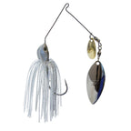 Fishing lure with blue head, white glitter skirt, silver and dark metallic spinner blades