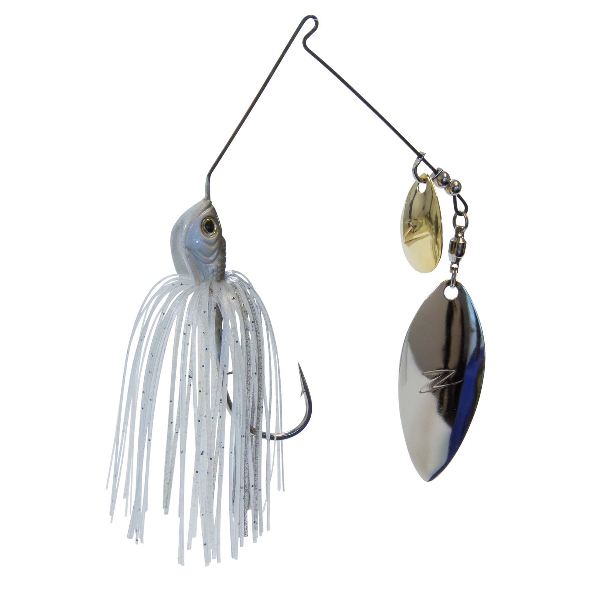 Fishing lure with blue head, white glitter skirt, silver and dark metallic spinner blades