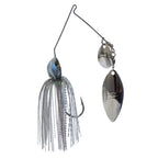 Fishing lure with blue head, white glitter skirt, two metallic spinner blades in silver and dark