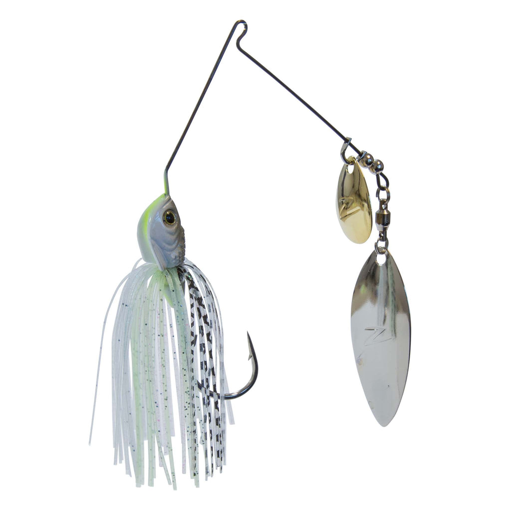 Fishing lure with blue-green head, white and green strands, and gold and silver spinner blades