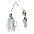 Fishing lure with blue-green head, white and green strands, and gold and silver spinner blades